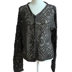 Medium Crochet Cardigan Open Knit Top V Neck Ramie Cotton‎ Blend